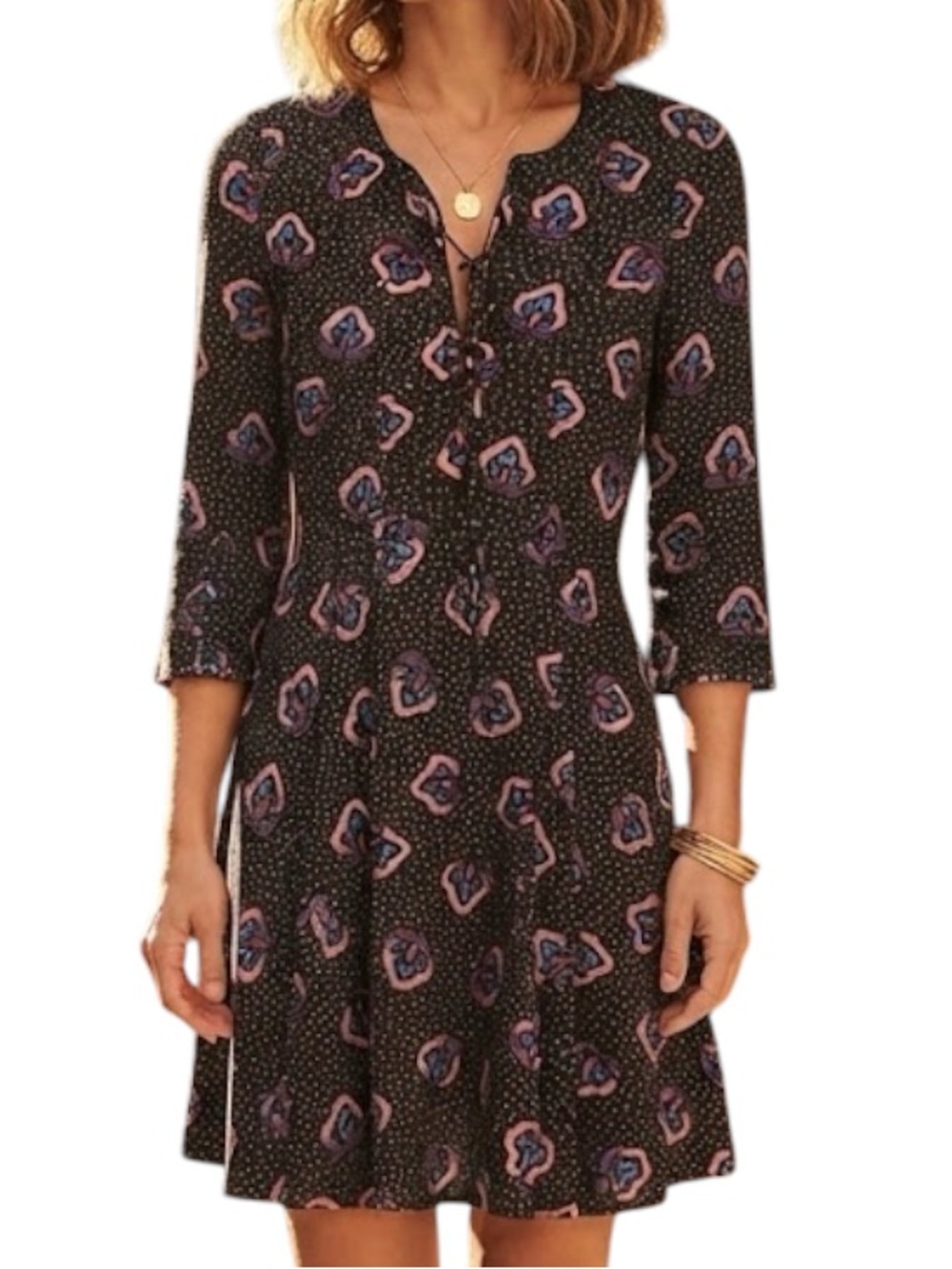 H&M Bohemian Cottagecore Preppy Patterned Long Sleeve Fit & Flare Dress Brown 4